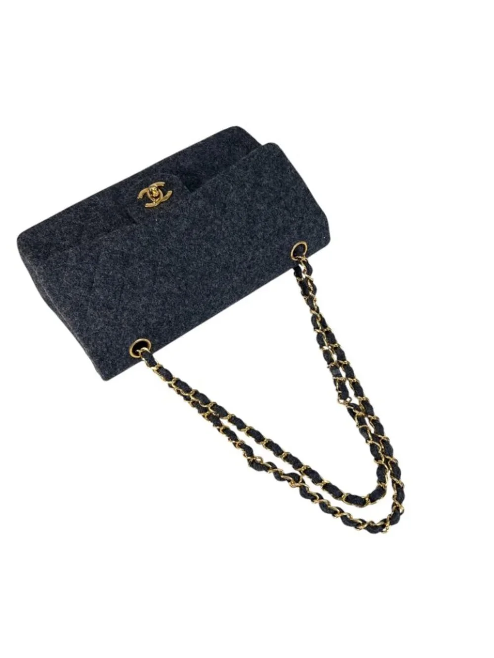 Chanel Quilted Shoulder Bag Wool Gray Double Flap Chain CC Logo
